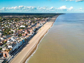 Aerial image of the popular Suffolk seaside town of Aldeburgh. In the distance the Sizewell B...