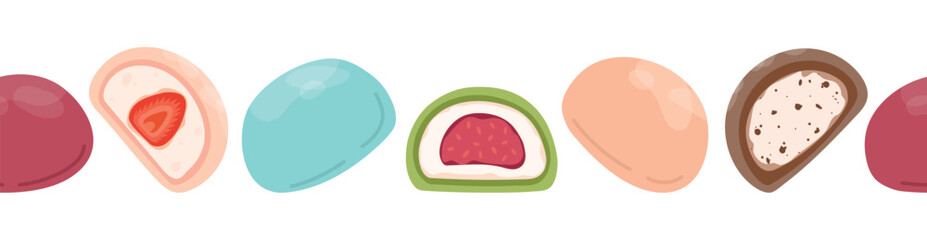 Japanese mochi seamless border. Colored mochi with different fillings in a row. Asian sweet food. Japanese Mochi in rice dough. Vector flat illustration