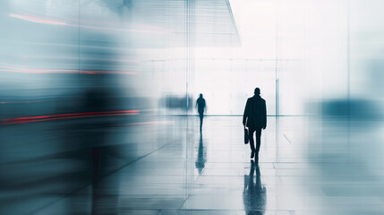 Fototapeta premium Blurred figure walking in sleek corridor.
