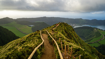 View from Miradouro da Boca do Inferno to Sete Citades, Azores, Portugal during sunset or sunrise 