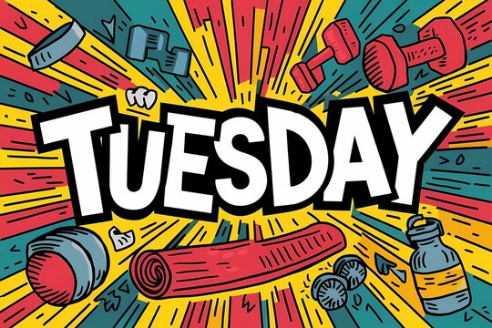 The word Tuesday surrounded by fitness related items like dumbbells, yoga mat, and water bottle, depicts fitness motivation. Illustration.