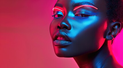 A beauty portrait of a model with a sleek futuristic makeup look
