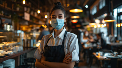 Fototapeta na wymiar Waitress with mask standing in cafe.