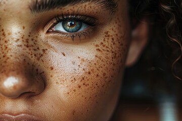 A close-up beauty portrait emphasizing the texture and patterns of unique skin marks lit with soft studio lighting