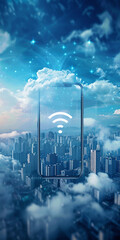 Smartphone with wireless connection on the background of the city. 3d rendering - obrazy, fototapety, plakaty