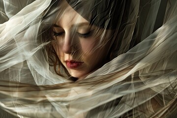 A dramatic beauty portrait with a model draped in sheer fabric playing with transparency and form - obrazy, fototapety, plakaty
