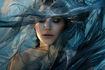A dramatic beauty portrait with a model draped in sheer fabric playing with transparency and form - obrazy, fototapety, plakaty