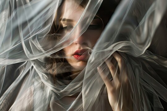 A dramatic beauty portrait with a model draped in sheer fabric playing with transparency and form