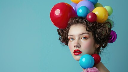 Fototapeta na wymiar A playful studio portrait of a model with colorful balloon-like hair accessories