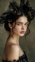 Fototapeta premium A studio portrait capturing the elegance of a model wearing a vintage-inspired headpiece