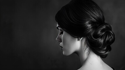 An elegant profile shot of a person with a classic chignon hairstyle showcasing timeless beauty - obrazy, fototapety, plakaty