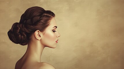 An elegant profile shot of a person with a classic chignon hairstyle showcasing timeless beauty - obrazy, fototapety, plakaty