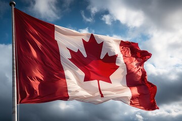 The National flag of Canada flag outdoor against sky Generative AI - obrazy, fototapety, plakaty