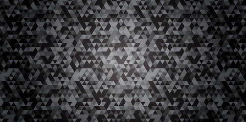 Abstract geometric black and gray background seamless mosaic and low polygon triangle texture wallpaper. Triangle shape retro wall grid pattern geometric ornament tile vector square element.