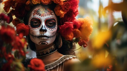 Blooms of Remembrance: Day of the Dead Woman Graced by Floral Radiance