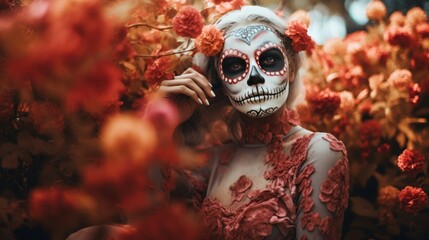 Serenity in Chaos: Day of the Dead Woman Embraced by Blossoms in Garden Scene