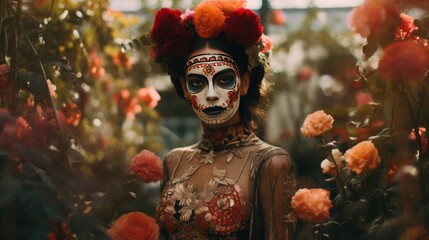 Celebrating Life: Day of the Dead Woman Amid Lush Floral Splendor, Space for Text