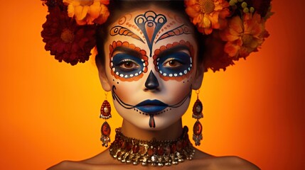 Spectral Beauty: Woman Showcases Striking Day of the Dead Makeup, Commands Attention Against Luminous Orange Background