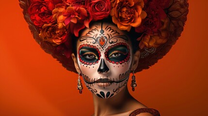 Glamorous Resilience: Woman Rocks Stunning Day of the Dead Makeup, Exudes Strength Against Bold Orange Backdrop