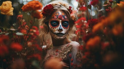 Elegance in Death: Day of the Dead Woman Adorned with Flowers in Garden Setting
