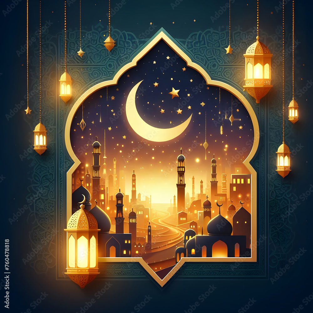 Poster ramadan kareem greeting card with mosque, lanterns and moon generative by ai