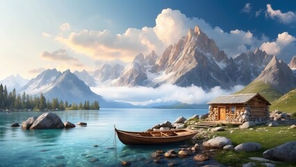 paradise view with ocean and trees, with blue sky, beautiful paradise with cabin