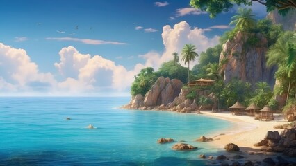 paradise view with ocean and trees, with blue sky, beautiful paradise