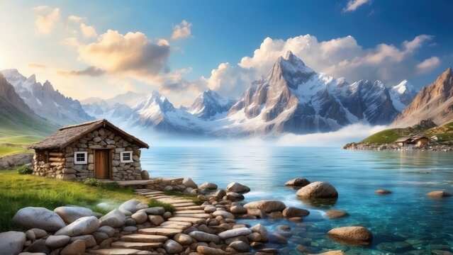 paradise view with ocean and trees, with blue sky, beautiful paradise with cabin