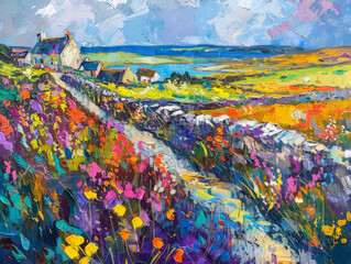 A painting depicting a lively field filled with a variety of vibrant flowers in bloom, creating a colorful and energetic scene