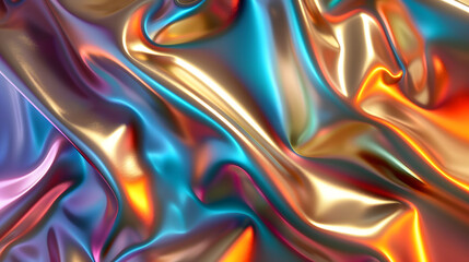 3d render, abstract background, iridescent holographic foil, metallic texture, ultraviolet wavy wallpaper, fluid ripples, liquid metal surface, esoteric aura spectrum, bright hue colors