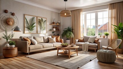 Fototapeta premium Stylish Scandinavian living room with natural coloured styling and stunning views of the green forest
