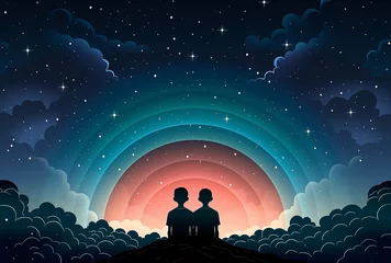 Fototapeten a boy and woman are looking at the stars on the night sky with an owl background. Couple make a wish © khozainuz