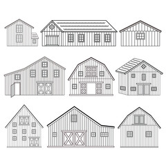 Big set of black white red wooden barns with windows, doors. Isolated vector houses icons on the white background for coloring book