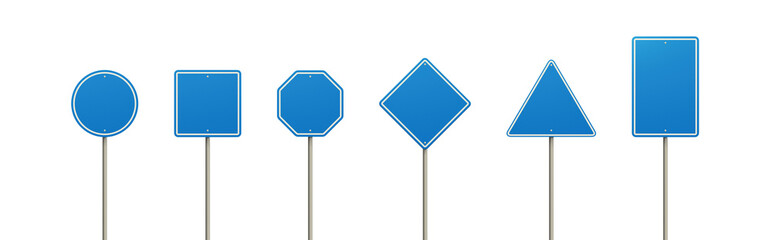 Blue road signs different shapes on metal post front view. Realistic set of blank traffic sign boards directions, location or notice on highway, city street or car road.