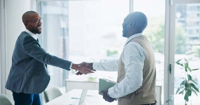 Meeting, handshake and welcome with business man in office for hiring, recruitment or onboarding. Smile, interview or greeting with employee people shaking hands in workplace for corporate discussion