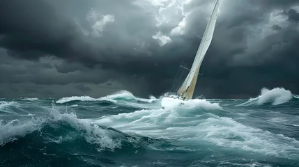 Gordijnen Storm, dramatic moment when a sailboat encounters at sea, showcasing the power and intensity of nature's forces © Gita
