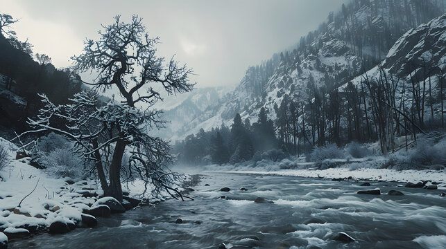tree peacefully floating in a fast mountain river, illuminated by the warm winter sun, blending serenity with the rush of nature's flow amidst the snowy landscape