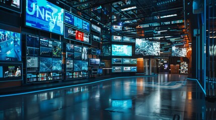 Expansive TV news studio with multiple screens displaying news feeds and graphics