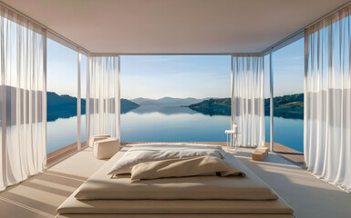 Minimalist interior design of modern bedroom with big panoramic floor to ceiling windows with beautiful lake view.
