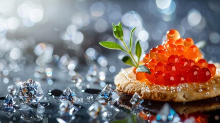 Red caviar, gracefully placed on a cracker, complemented by aromatic herbs, against a background of sparkling diamonds