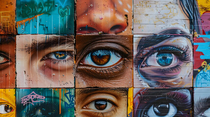 A powerful close-up of diverse individuals' eyes, each telling a unique story of resilience and hope, against the backdrop of a city's graffiti walls speaking of social issues - obrazy, fototapety, plakaty