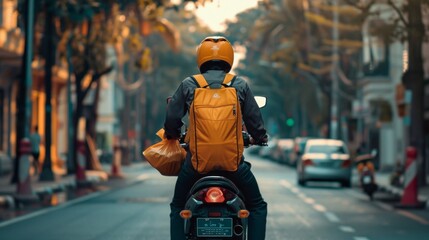 Food delivery man on a motorcycle with a food delivery bag strapped to his back
