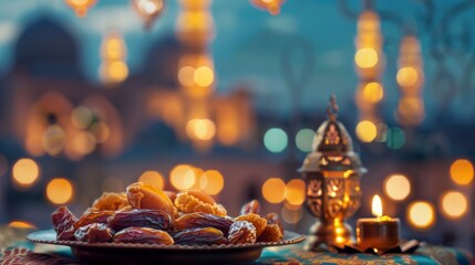 Dates on a plate and a bottle of water set against the backdrop of an evening mosque