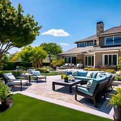 spacious backyard, landscaped garden, or cozy patio] where you can enjoy al fresco dining, entertaining guests, or simply basking in the sunshine - obrazy, fototapety, plakaty