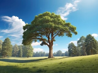 Green forest landscape panorama with trees and sun light going through leaves