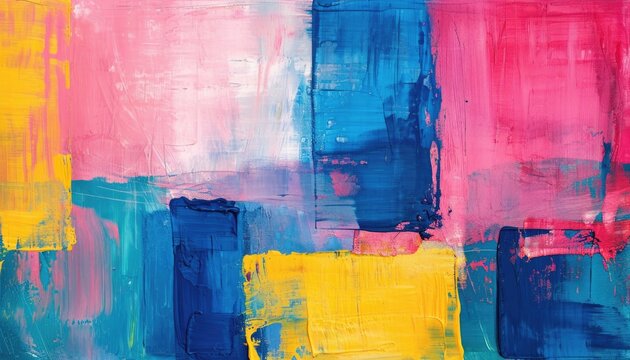 Paint colorful abstract texture background with pale purple colour is juxtaposed to vivid cobalt blue, pale acidic green, bold pinks, reds and yellows. Bold smears in color blocks style