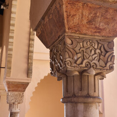 Alcazaba Castle in Malaga, Detail of a richly carved column head. Costa del Sol, Spain