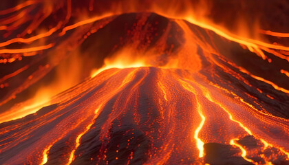 A photo of molten lava flowing down a volcano