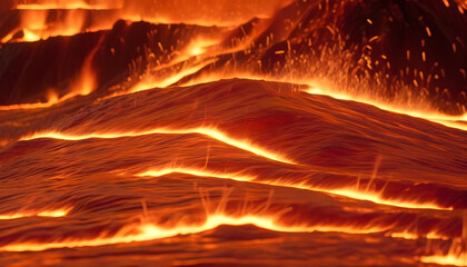 A volcano with bright red lava flowing down its side