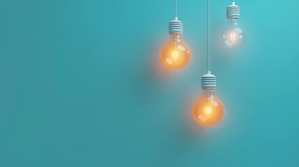 Hanging light bulbs with glowing one different idea on light blue background , Minimal concept idea...